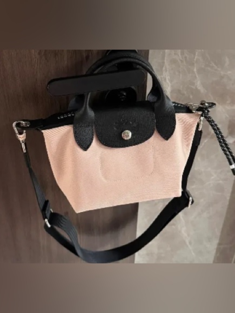 Longchamp Crossbody Le Pliage Mini - Blush Pink with Black Trim